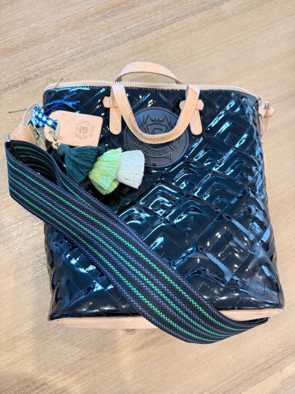 Patricia Nash Navy Quilted Patent Crossbody with Tan Trim and Striped Strap